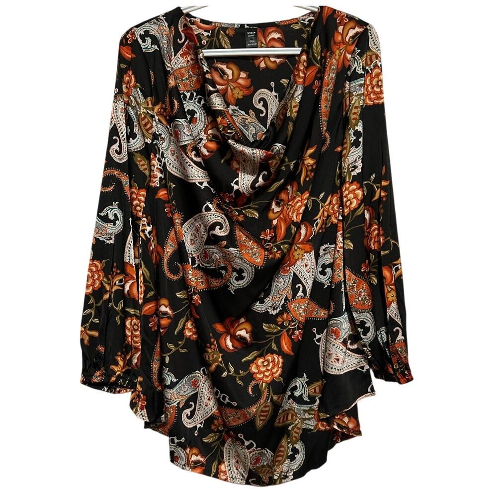 SHEIN Curve‎ Women's Black Orange Cowl Neck Silky Long Sleeve Blouse Size OXL=12